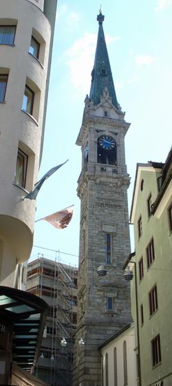 St Moritz Turm der evangelischen Dorfkirche